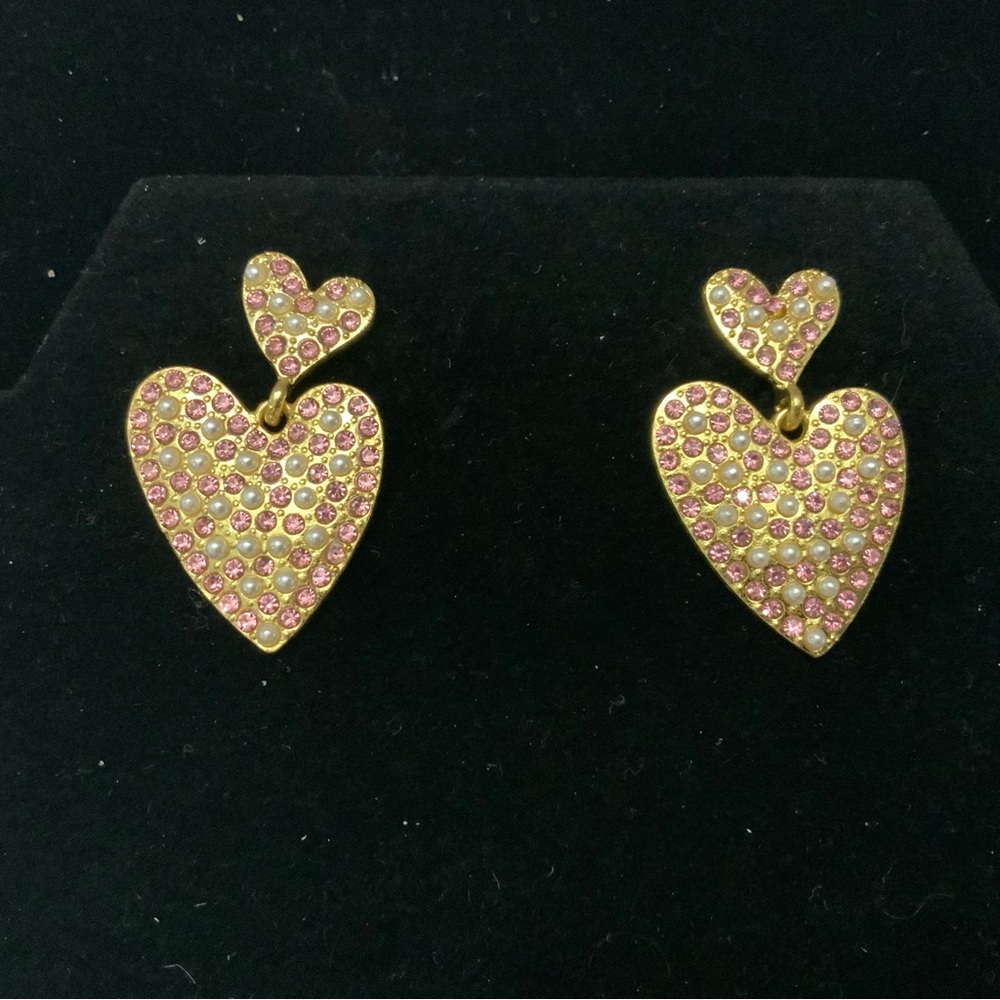 Rhinestone and Pearl Pink Heart Dangle Post Earrings